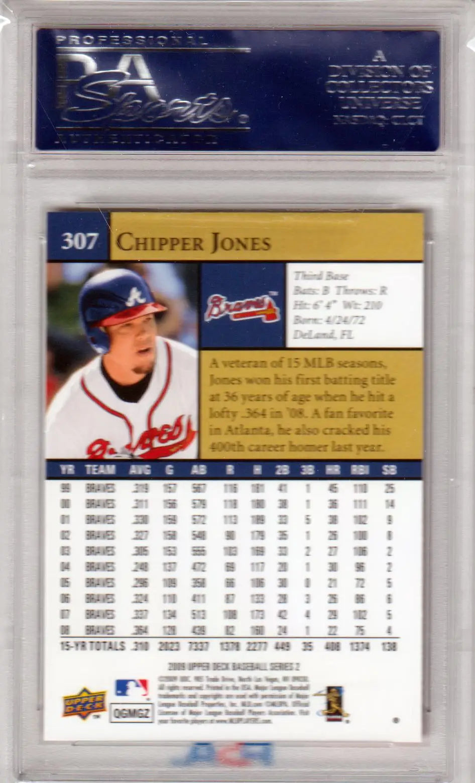 Chipper Jones baseball card from Upper Deck 2009 First Edition, PSA 10 GEM MINT
