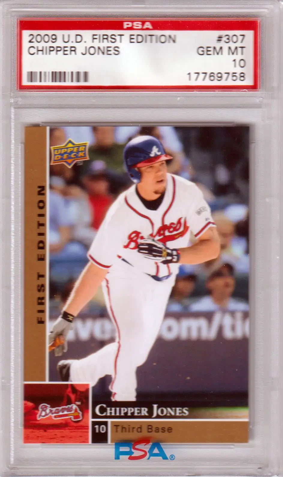 Chipper Jones baseball card from Upper Deck 2009 First Edition PSA 10 GEM MINT at Columbia Hobby