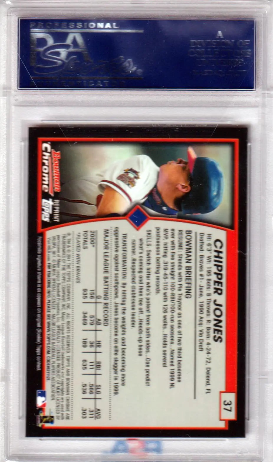 Graded Chipper Jones baseball card from Bowman Chrome Throwbacks displayed by Columbia Hobby