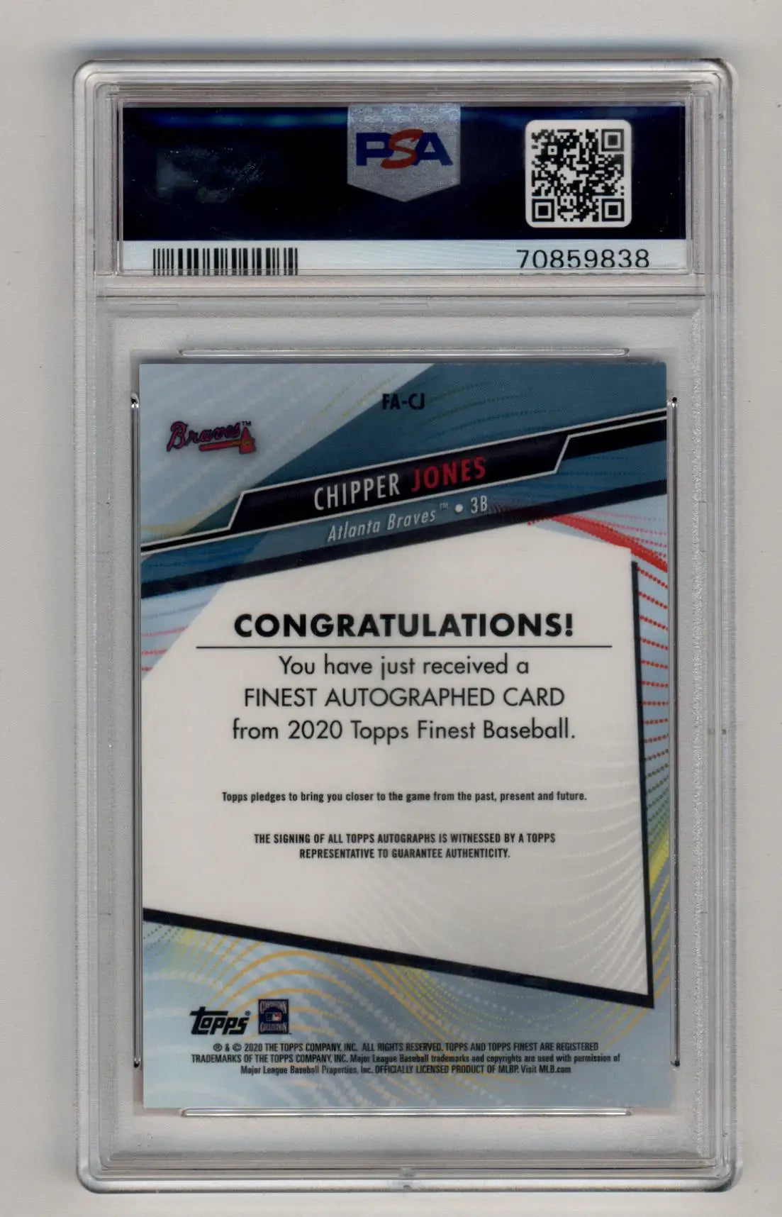 PSA-graded 2020 Topps Finest Chipper Jones orange wave refractor auto card in Gem Mint