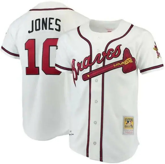 Atlanta Braves Chipper Jones white authentic baseball jersey on display