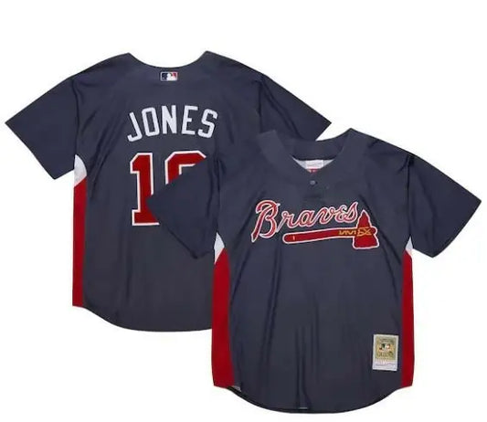 Two Atlanta Braves navy batting practice jerseys from the Cooperstown Collection