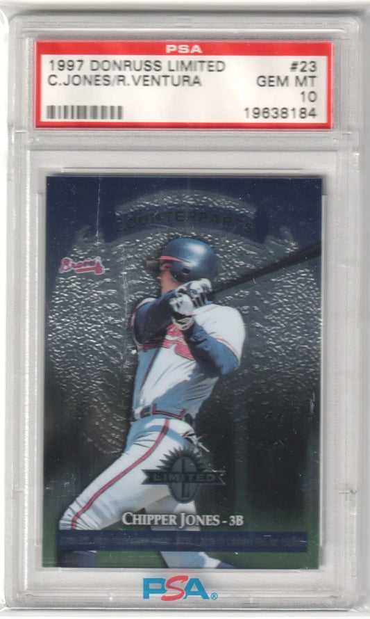 Graded Chipper Jones baseball card from Donruss Limited series displayed at Columbia Hobby