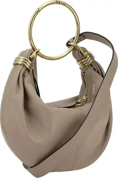 Taupe leather Chloé bracelet handbag with large gold-tone ring handle and detachable strap