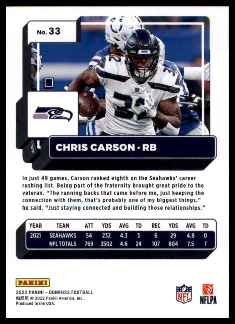 Chris Carson football card from 2022 Donruss Seattle Seahawks product display