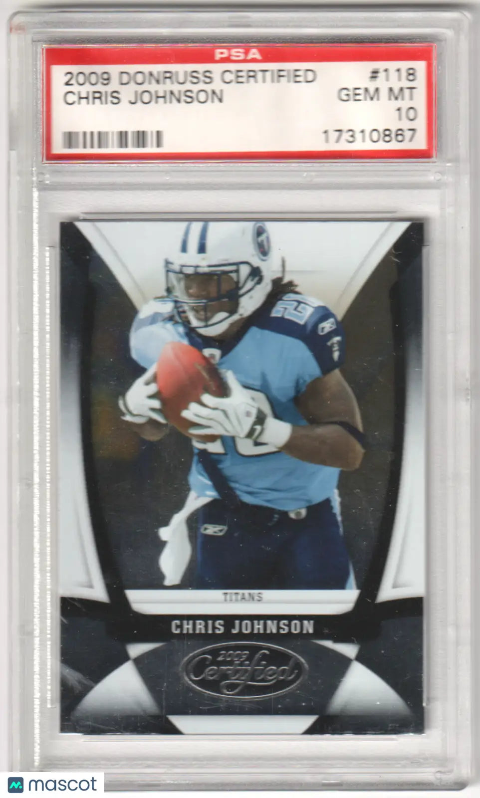 Graded 2009 Donruss Certified Chris Johnson football card from Columbia Hobby in PSA 10 GEM MINT