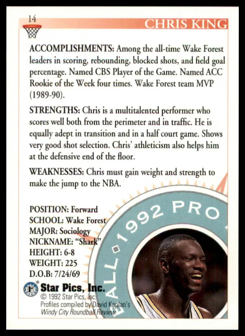 Chris King basketball card from 1992 Star Pics series featuring Wake Forest Demon Deacons