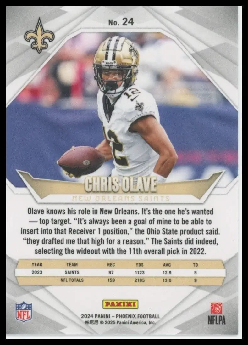 Back of 2024 Panini Phoenix Football Card featuring Chris Olave of the New Orleans Saints