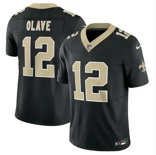 Black Chris Olave New Orleans Saints Nike Gameday Golds jersey with OLAVE 12 in gold