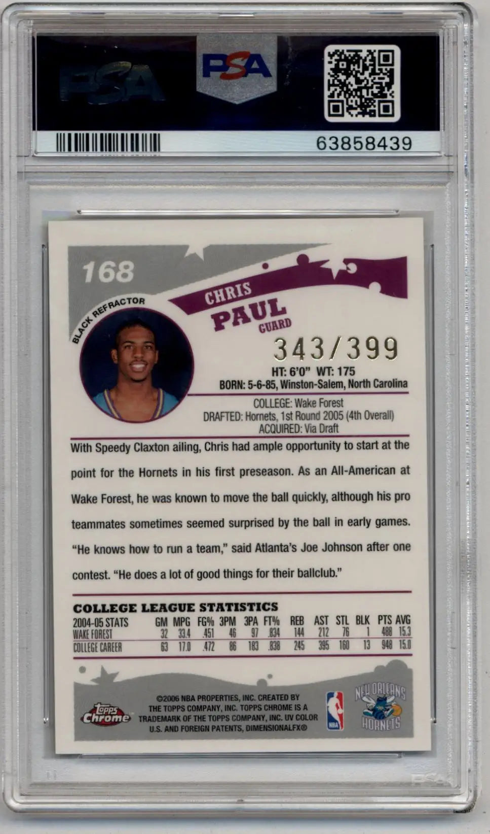 Chris Paul 2005-06 Topps Chrome Black Refractor #168 343/399 PSA 9 Mint - Singles