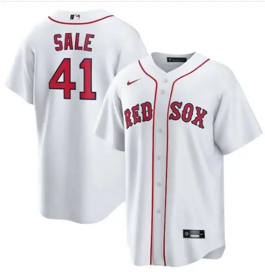 White Red Sox baseball jersey featuring Chris Sale’s name and team logo