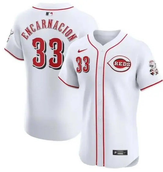 White Cincinnati Reds baseball jersey featuring Christian Encarnacion-Strand Nike Home Elite Design