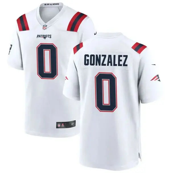 White Christian Gonzalez Patriots Nike Team Game Jersey with number 0 and team name