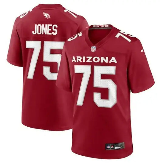Two red Arizona Cardinals football jerseys with Jones 75 on back and Arizona 75 on front