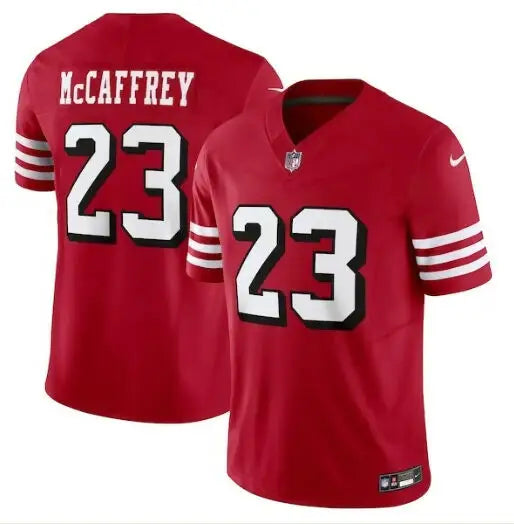 Red Christian McCaffrey San Francisco 49ers Nike Vapor F.U.S.E. jersey with number 23