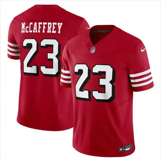 Red San Francisco 49ers Christian McCaffrey #23 Nike Vapor F.U.S.E. Jersey with white and black details