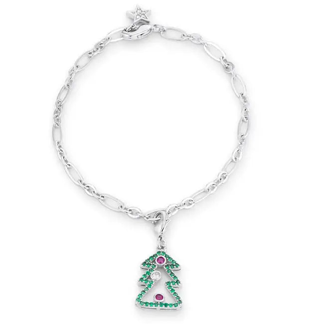 Christmas Tree 0.35ct CZ Rhodium Holiday Charm Bracelet - Bracelets