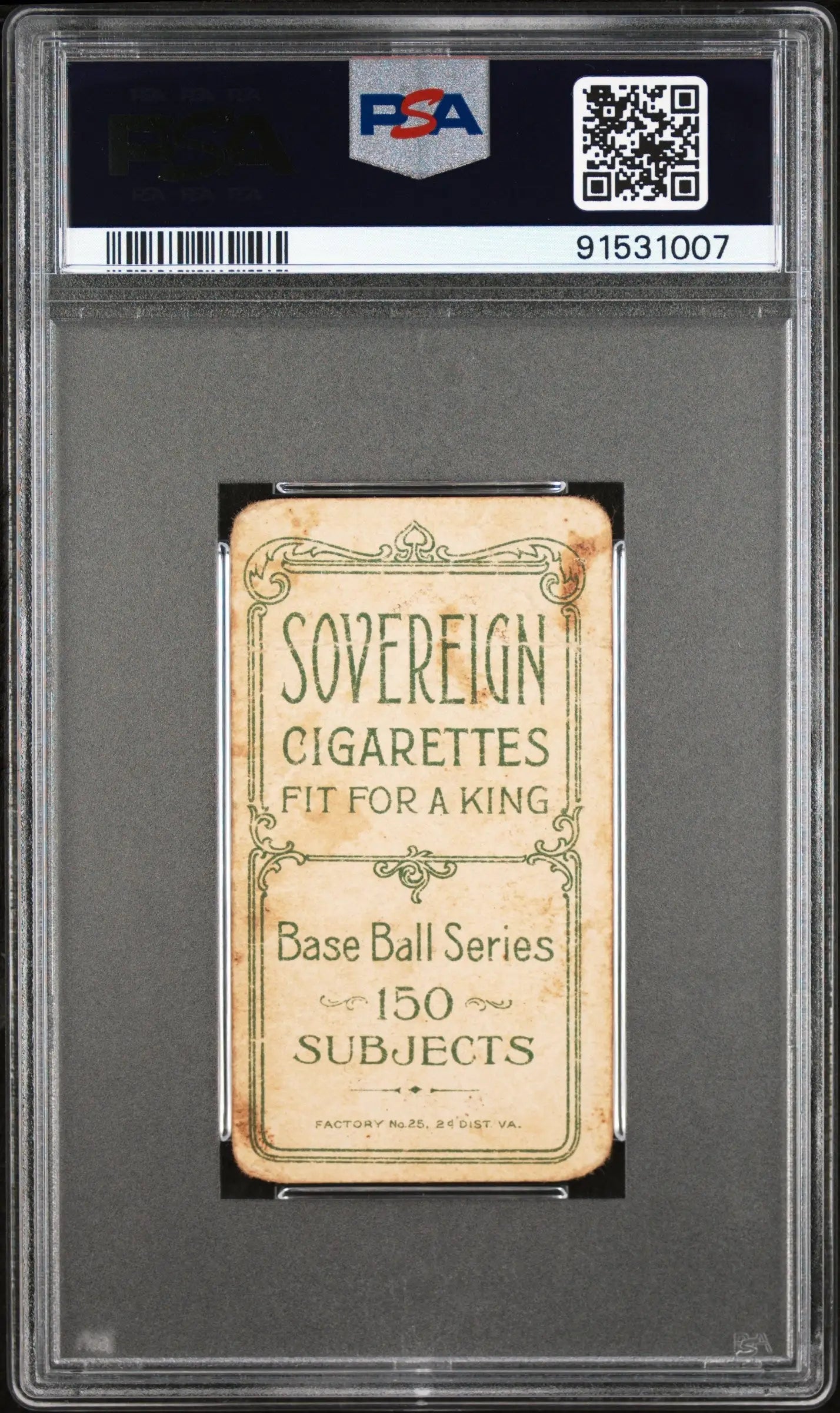 Vintage Sovereign Cigarettes baseball card back of Christy Mathewson White Cap 1909-11