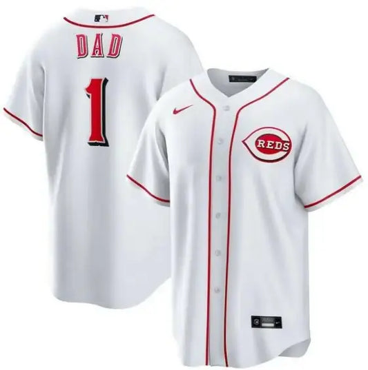 White Cincinnati Reds Nike #1 Dad Home Replica Baseball Jersey on display