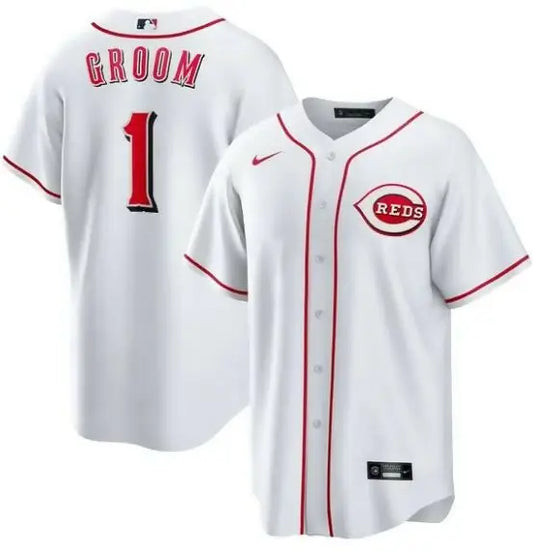 White Cincinnati Reds Nike #1 Groom Home Replica Jersey displayed in product image