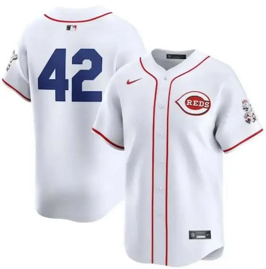 White Cincinnati Reds Nike 2024 Jackie Robinson Day Home Limited Jersey displayed