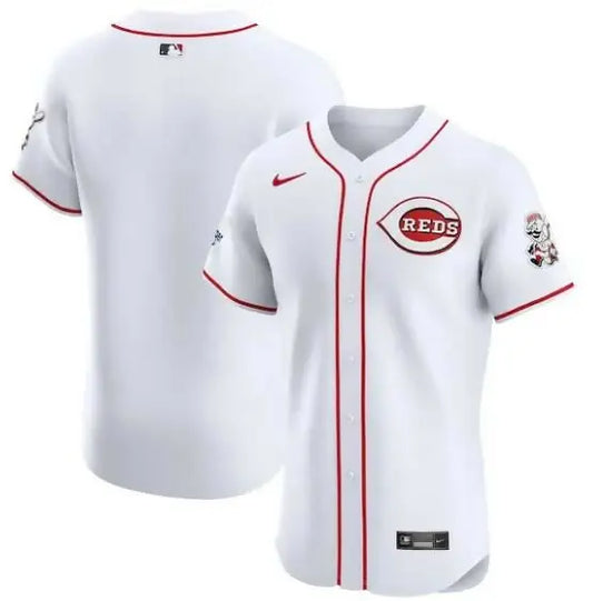 White Cincinnati Reds Nike Home Elite Patch Jersey displayed for sale