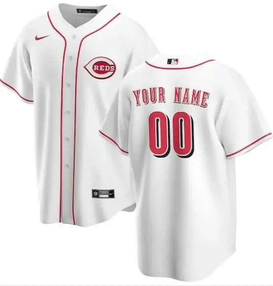 White Cincinnati Reds Nike Home Replica Custom Baseball Jersey displayed