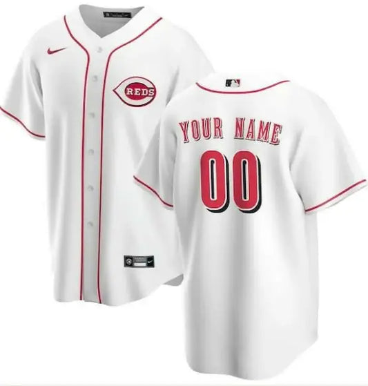 White Cincinnati Reds Nike Home Replica Custom Baseball Jersey displayed