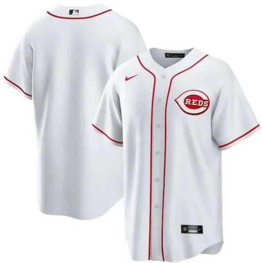 White Cincinnati Reds Nike Home Replica Team Jersey displayed for fans