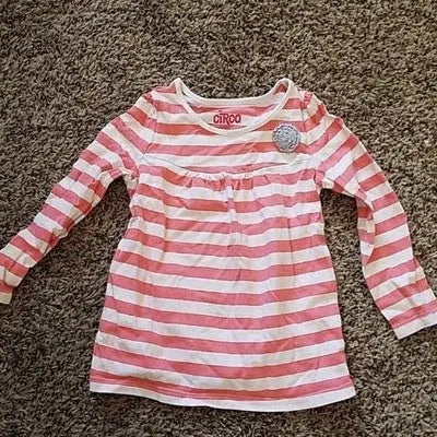 Pink and white striped long sleeve scoop neck shirt with grey flower embellishment for Circo Girls 2T