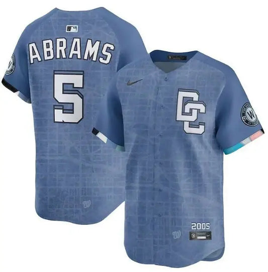 Light blue CJ Abrams Washington Nationals Nike 2025 City Connect jersey with colorful sleeves