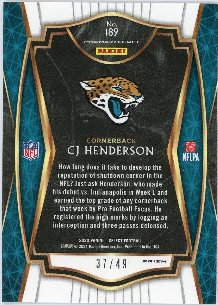 Collectible CJ Henderson football trading card from Panini Select Premier Red Disco /49