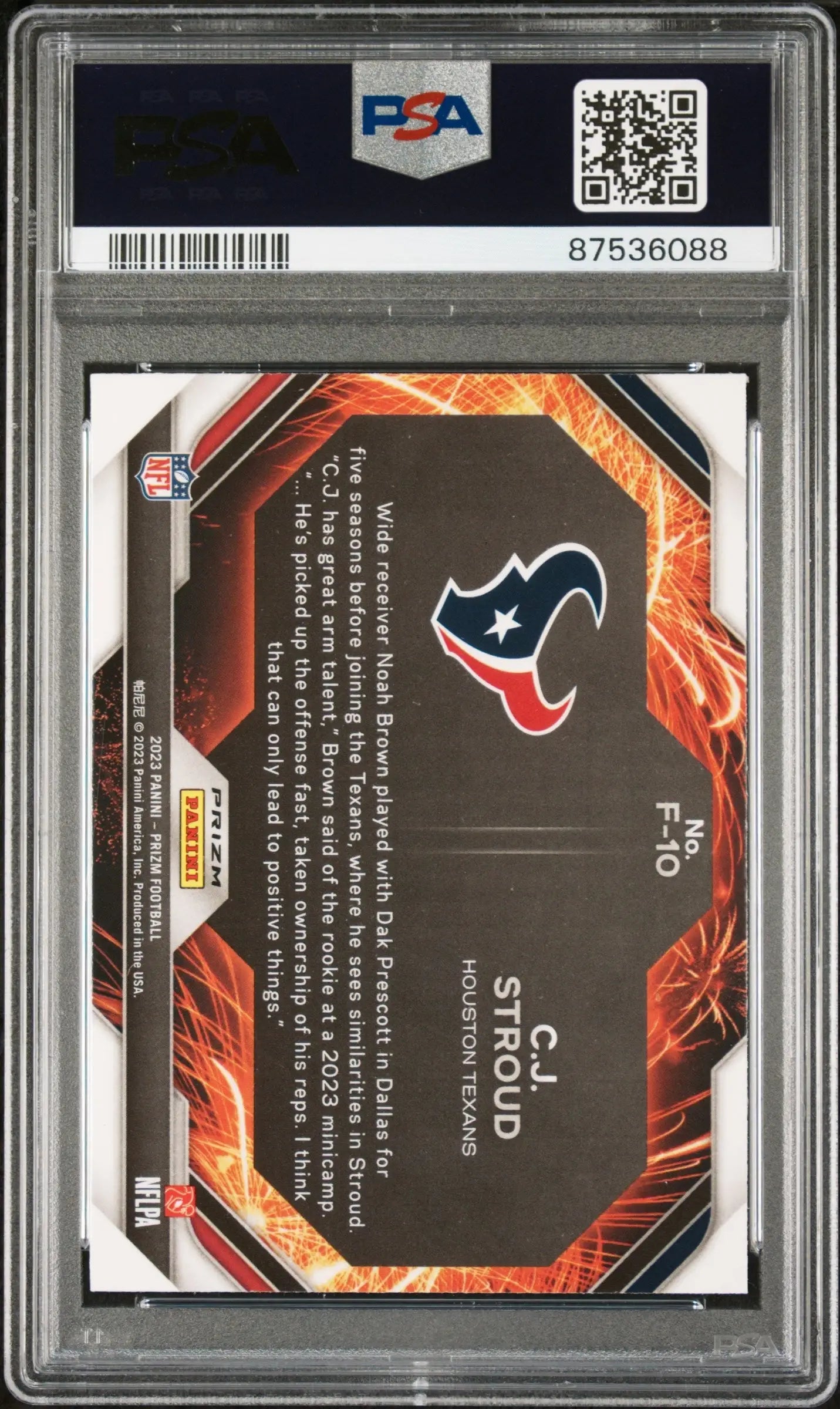 Graded C.J. Stroud football card from Columbia Hobby, Panini Prizm Fireworks Silver PSA 10