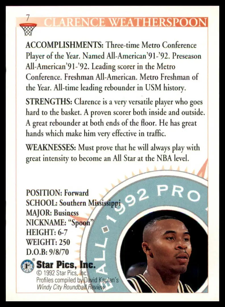 Clarence Weatherspoon Star Pics basketball card from 1992 Southern Miss Golden Eagles