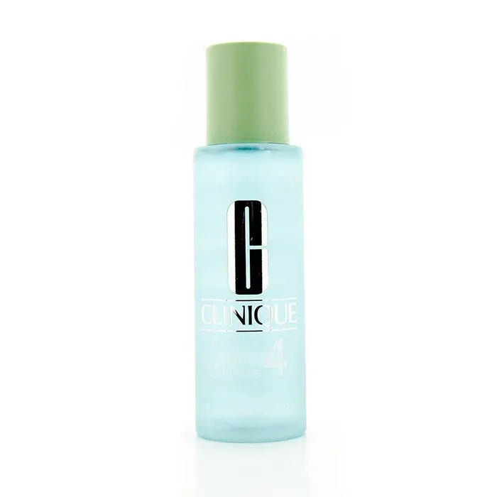 Light blue Clinique Clarifying Lotion 4 with green cap dissolves dead cells for clear skin