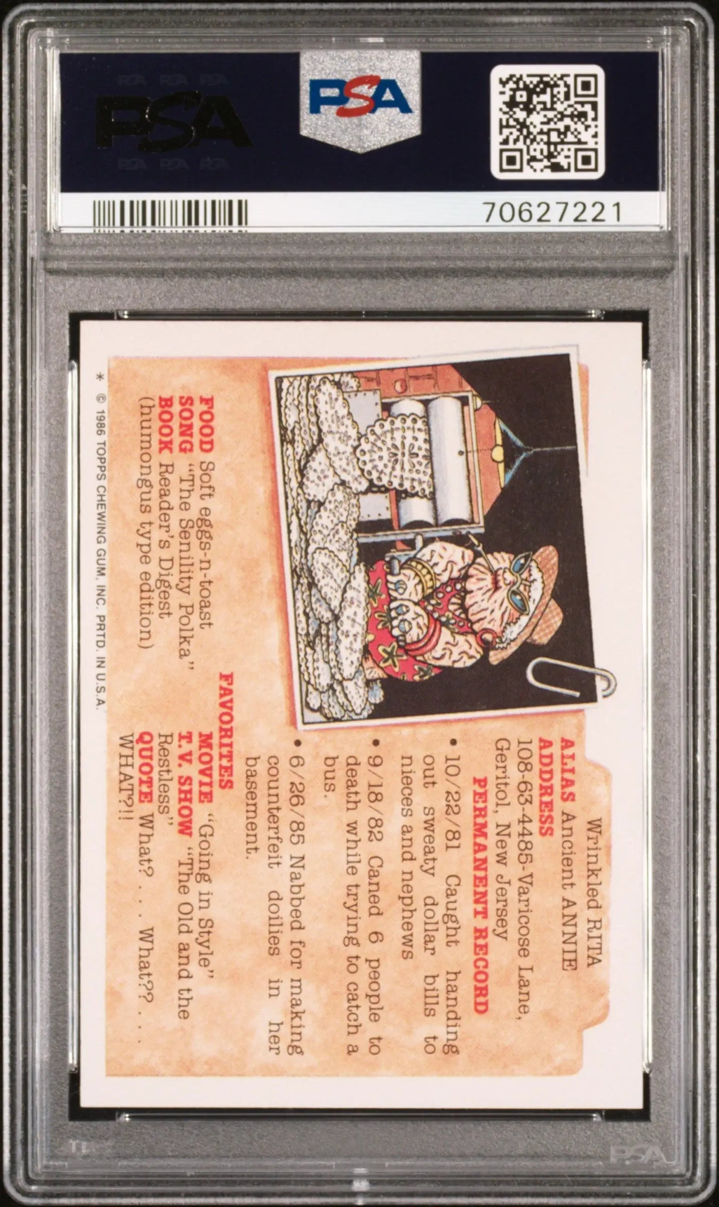 PSA-graded vintage newspaper article featuring Reddish-orange text from Topps Garbage Pail Kids