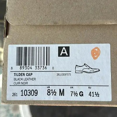 Shoe box label for black leather Tilden Cap shoes size US 8.5 men’s formal Oxford