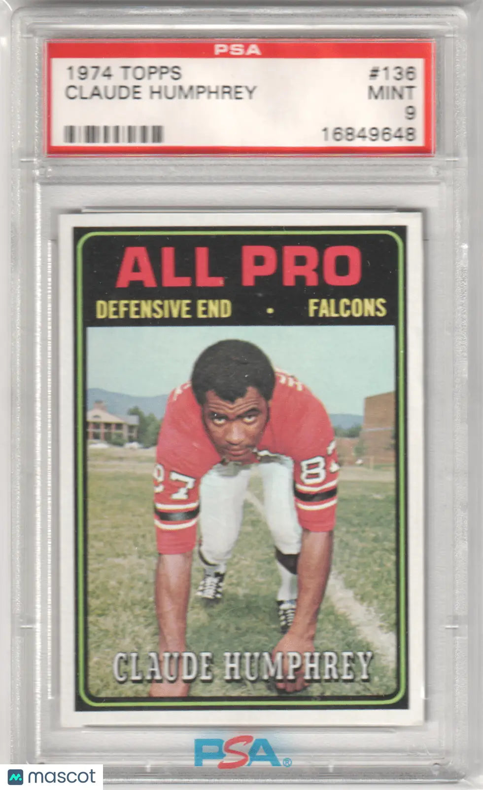 Graded Claude Humphrey 1974 Topps football card from Columbia Hobby with PSA 9 Mint