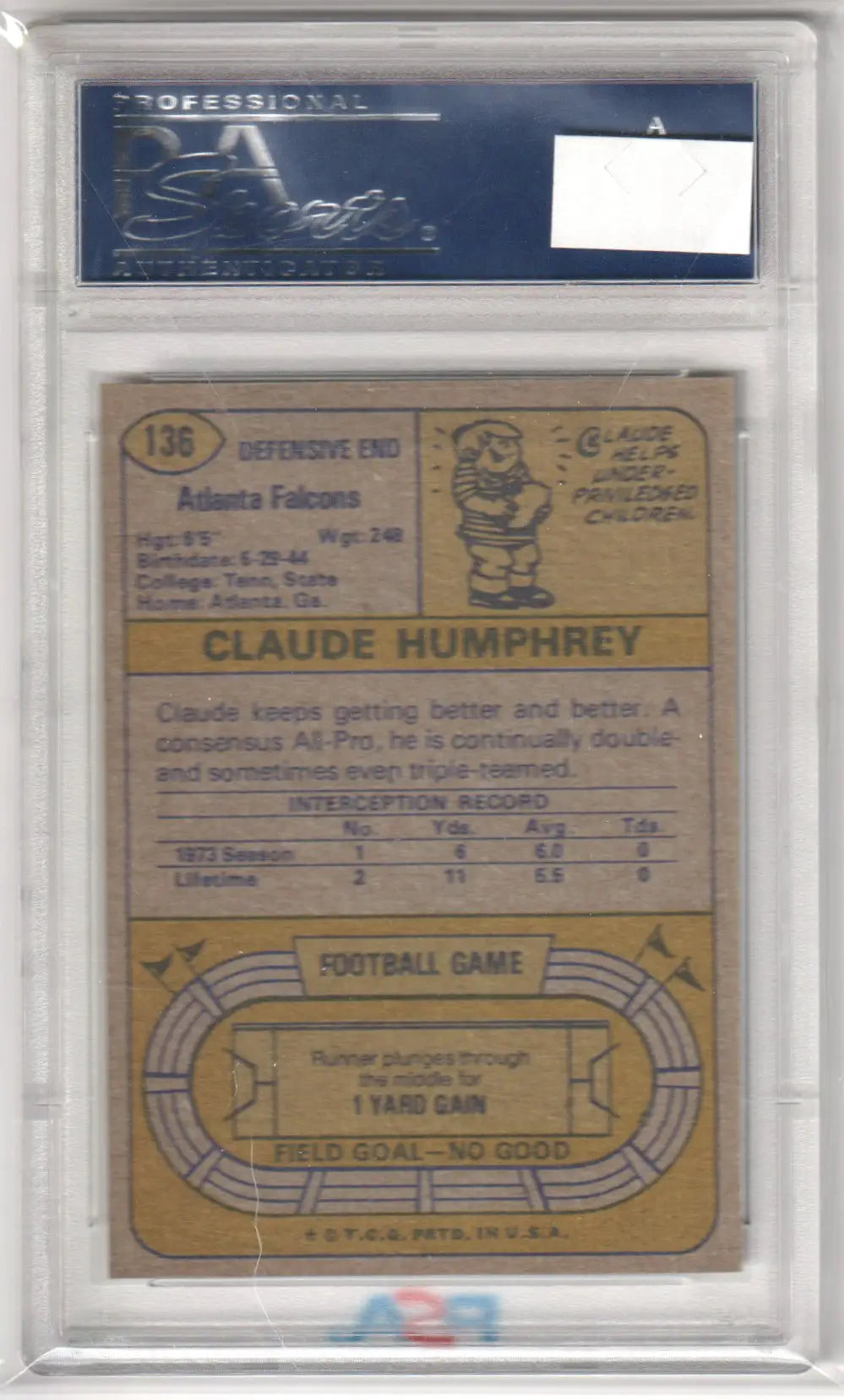 Graded Claude Humphrey 1974 Topps football card PSA 9 MINT from Columbia Hobby