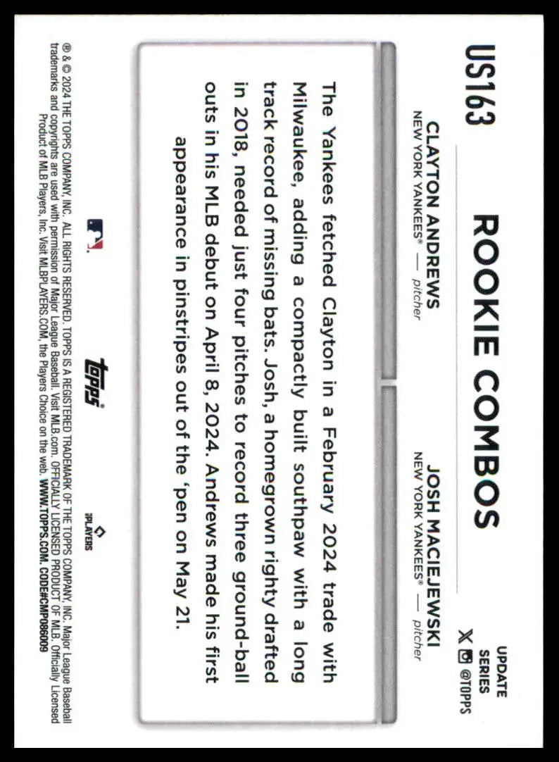 Baseball card featuring Clayton Andrews and Josh Maciejewski from Topps Update 2024