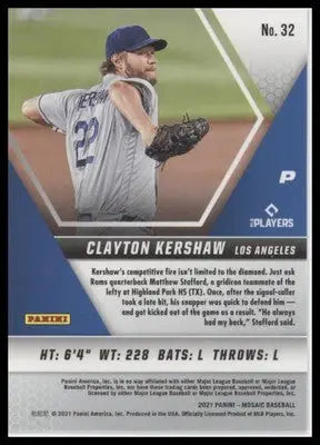 Clayton Kershaw baseball card from 2021 Panini Mosaic Los Angeles Dodgers product