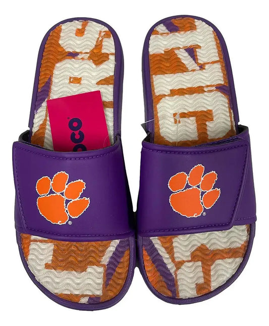 Purple slide flip flop sandals with orange paw print logos for Clemson Tigers fans