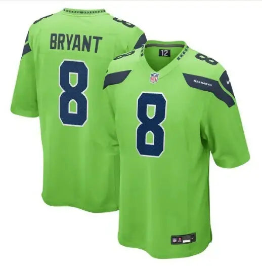 Bright green Seattle Seahawks Nike Game Jersey with number 8 and BRYANT on the back