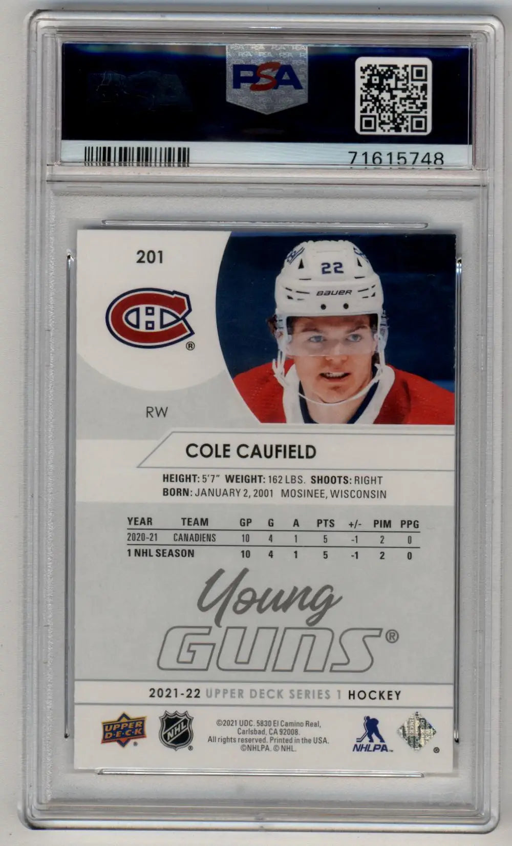 Cole Caufield 2021-22 Upper Deck #201 Young Gun PSA 10 Gem Mint 5748 - Singles