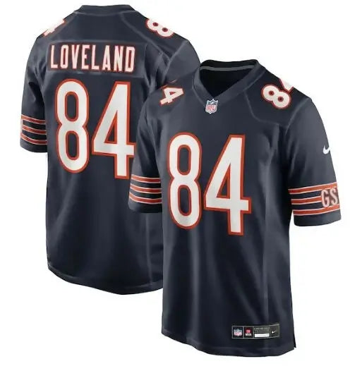 Navy blue Colston Loveland Chicago Bears NFL Draft jersey with number 84 on back