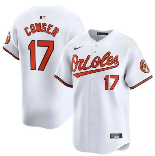 White baseball jersey featuring Colton Cowser Baltimore Orioles Nike Home Limited Player Jersey