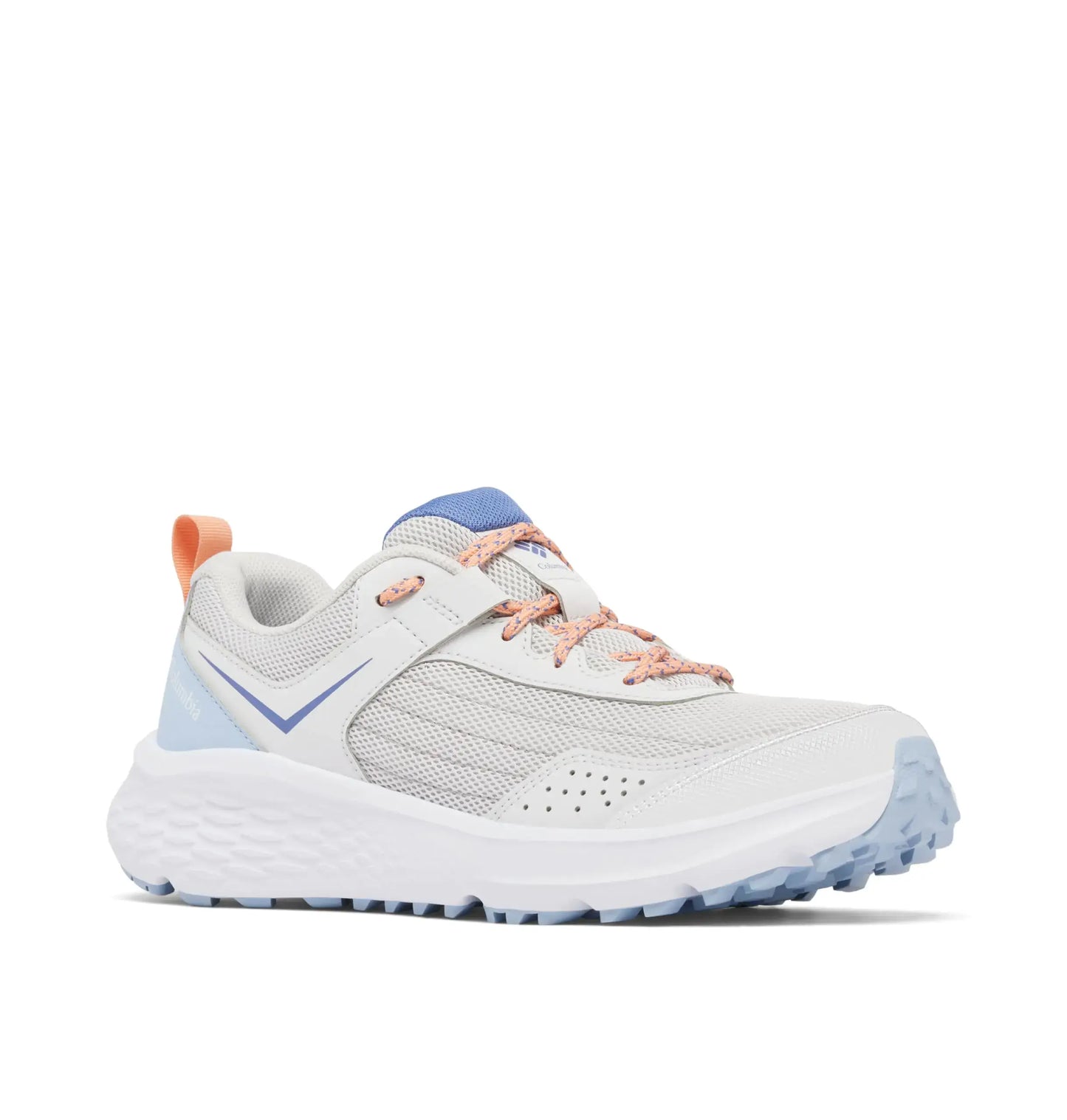 White women’s trail shoes with light blue and peach accents in Columbia Vertisol Silver Grey Apricot Fizz