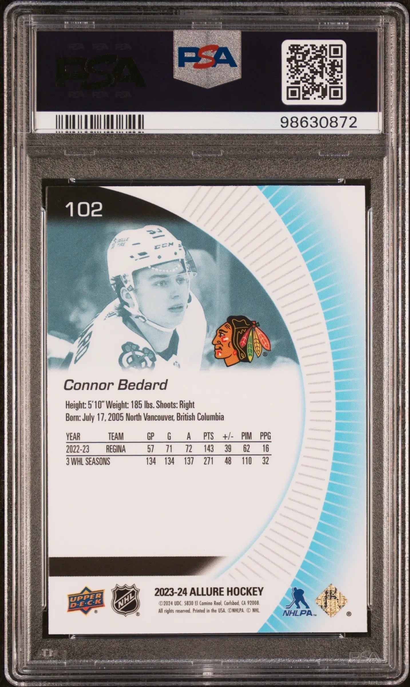 Graded Connor Bedard 2023 Upper Deck Allure Rookie hockey trading card PSA 10