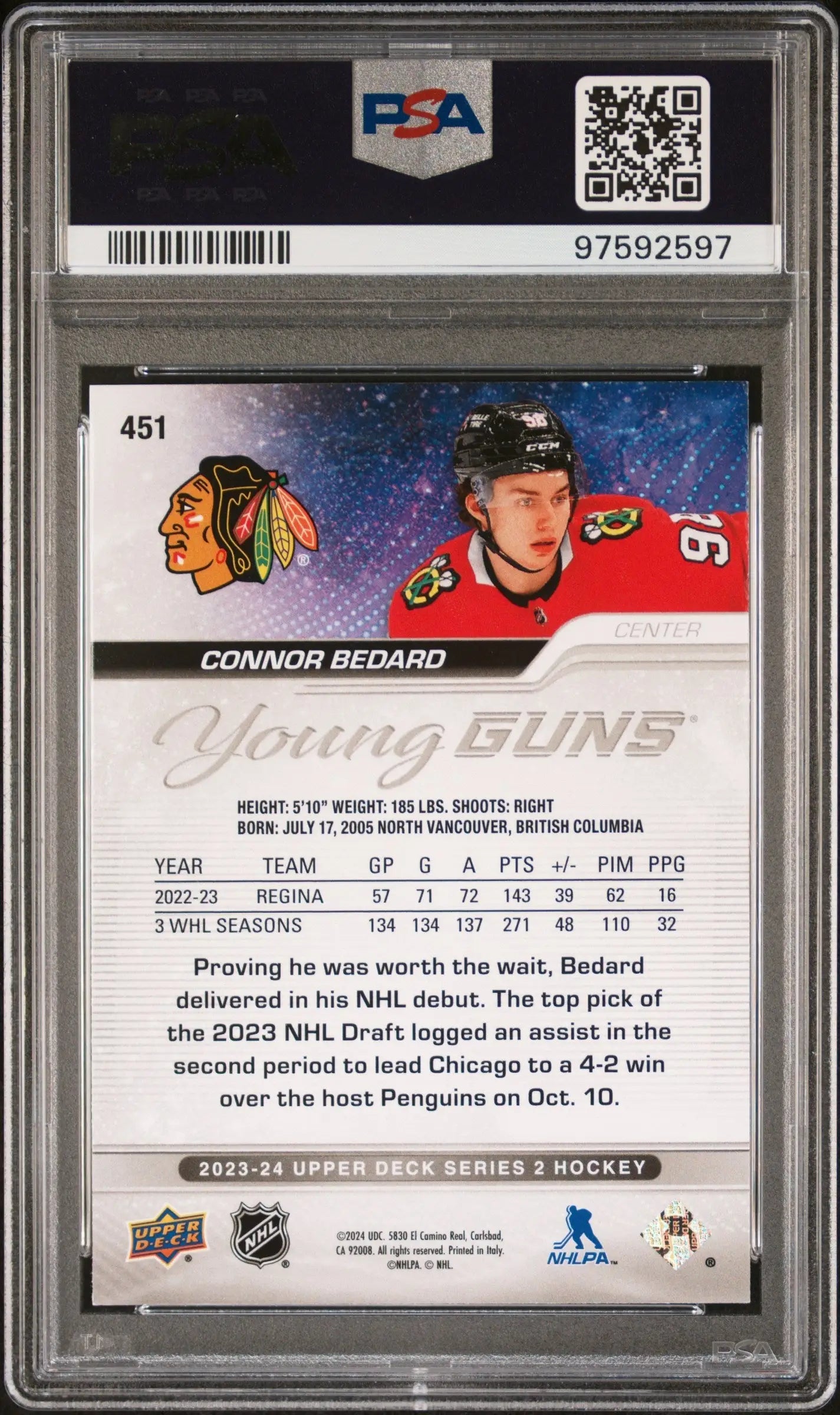 Graded Connor Bedard Young Guns hockey card, Upper Deck Rookie #451 PSA 9 Mint