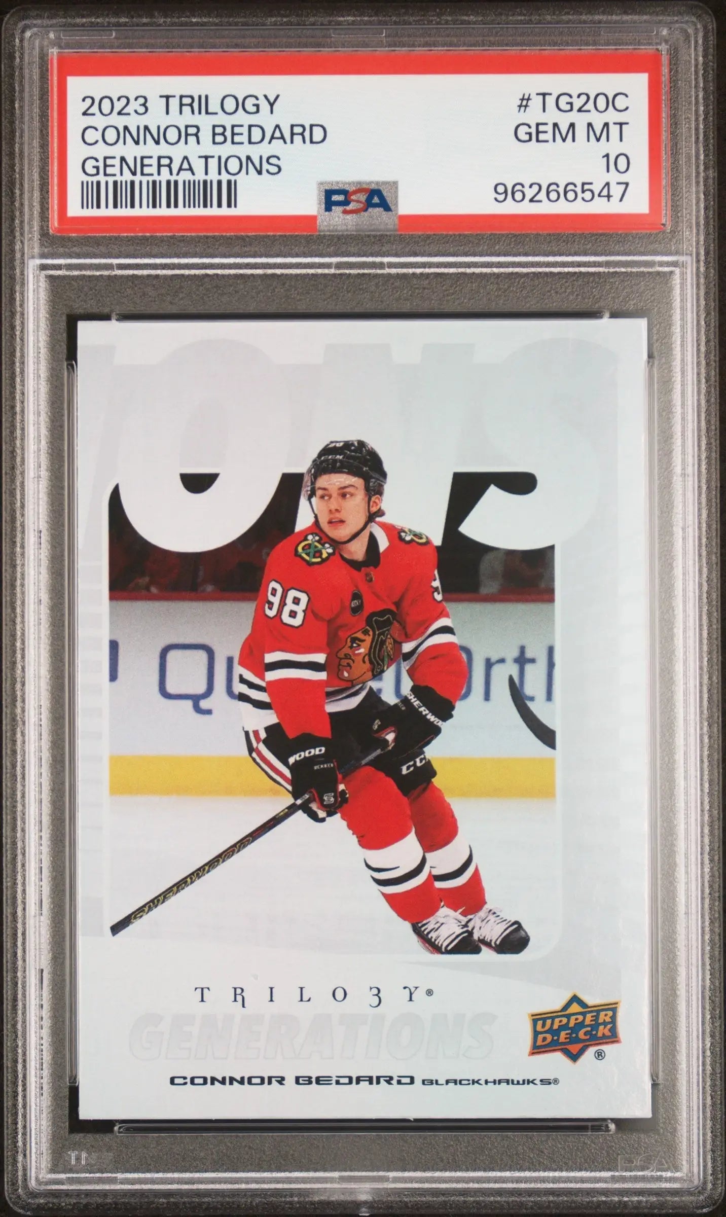 PSA-graded 2023 Upper Deck Trilogy Connor Bedard Generations hockey card in Gem Mint condition